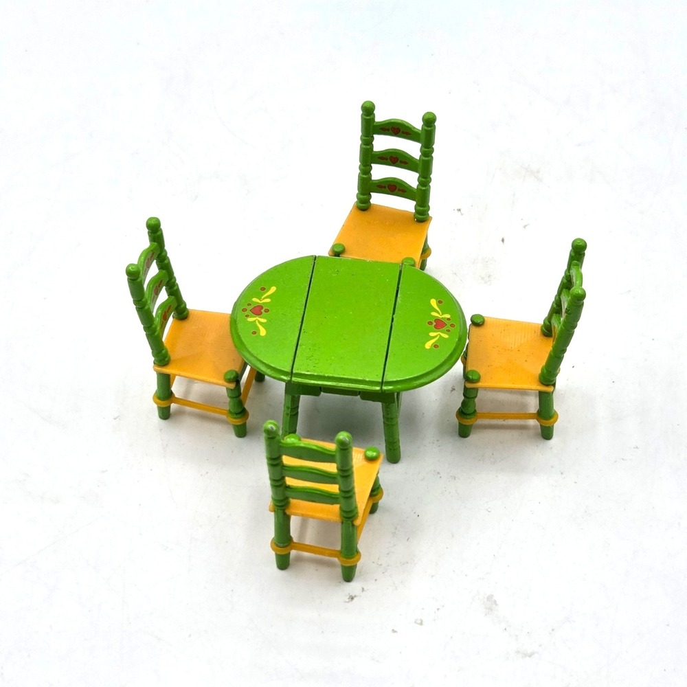 Set 4 Chairs Table THE LITTLES Dollhouse Miniature Green Yellow Mattel 1980